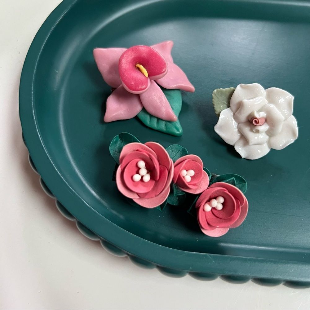 3 Piece Vintage 1970s / 1980s Handmade One of a Kind Flower Brooches Lot
